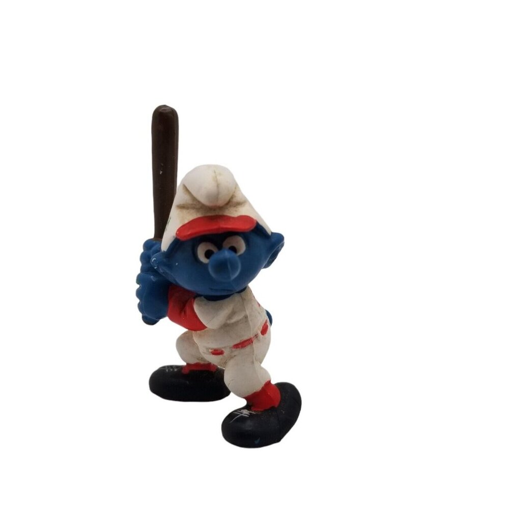 Vintage Smurf 80's 1980 Schleich Baseball Batter Sporty Smurf PVC Figure Toy